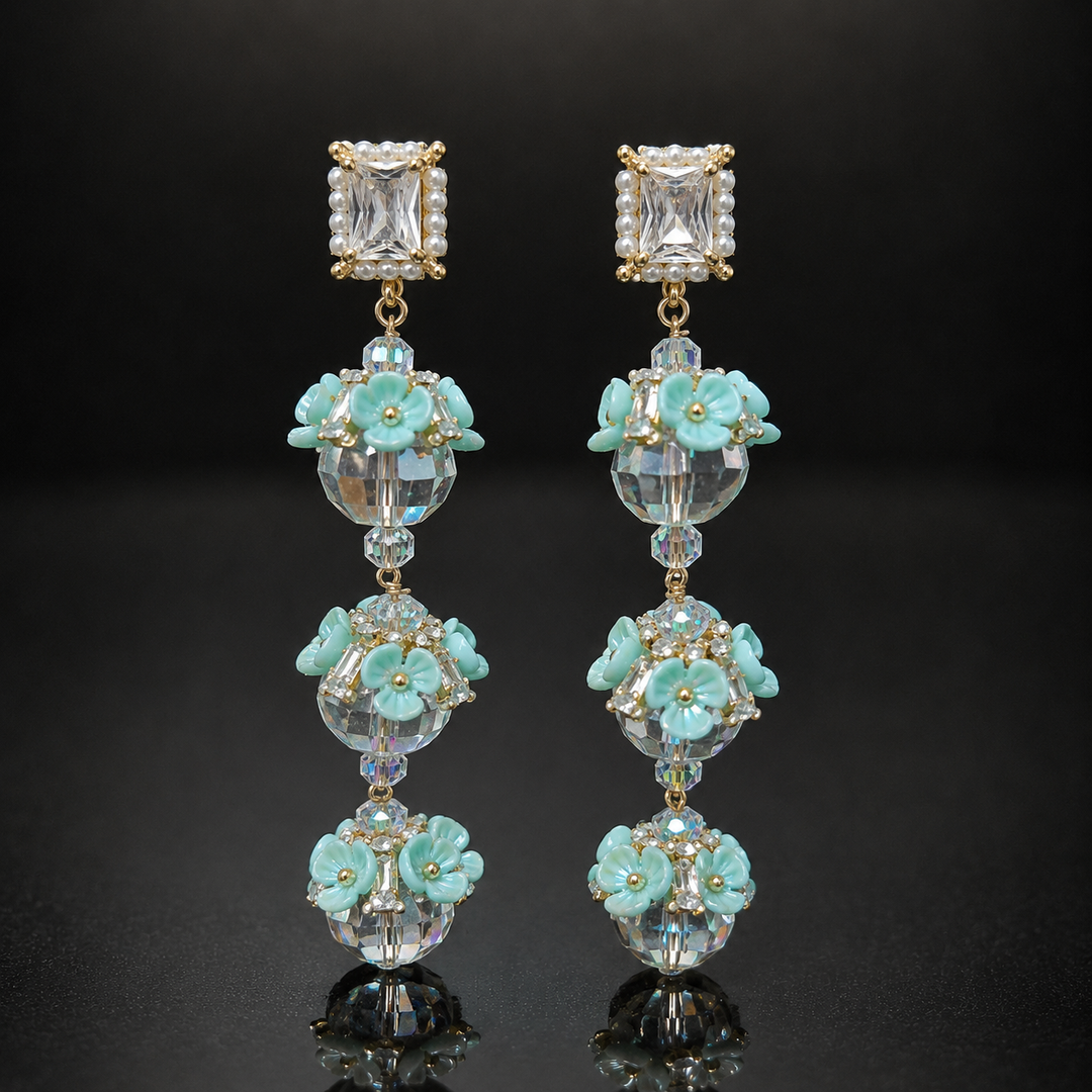 Korean Mint Floral Crystal Drop Earrings
