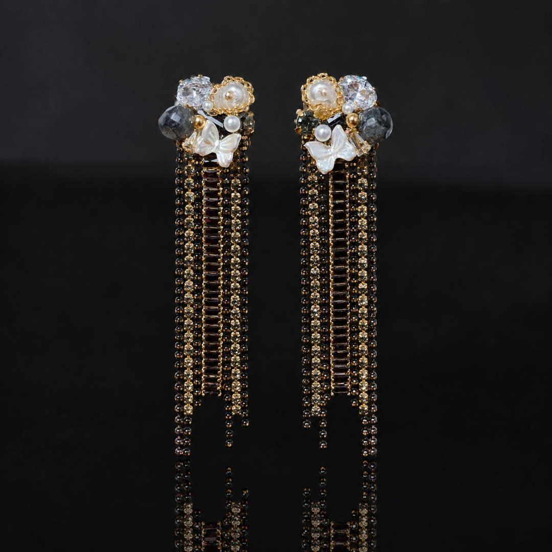 Korean Black Crystal Tassel  Earrings
