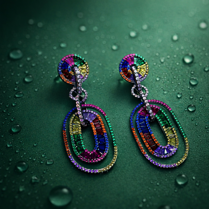 Rainbow Crystal Oval Earrings (Silver Tone)