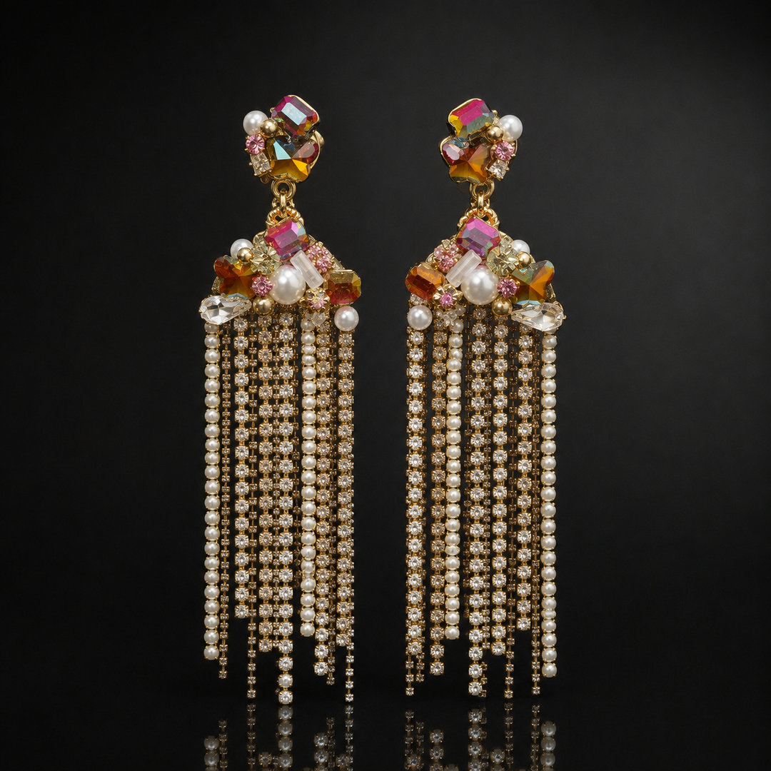 Korean Crystal Pearl Tassel Earrings