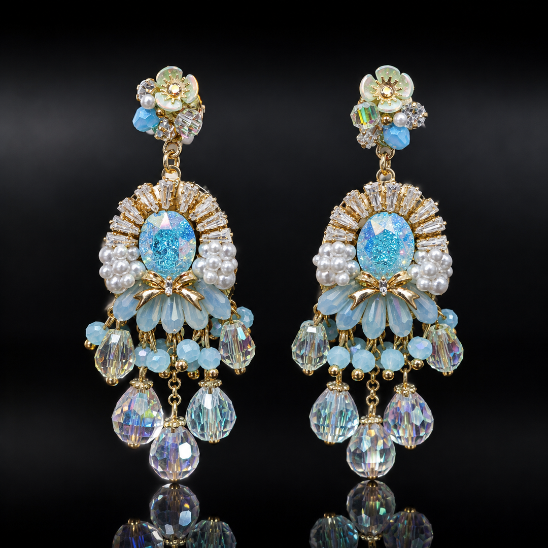Korean Sky Blue Crystal Pearl  Earrings